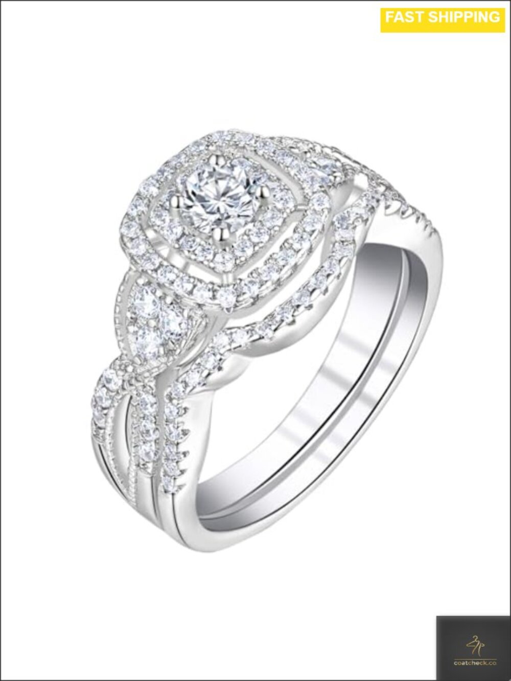 Wedding Rings Set Women Round CZ Halo Bridal Ring Sets White Gold Silver Plated